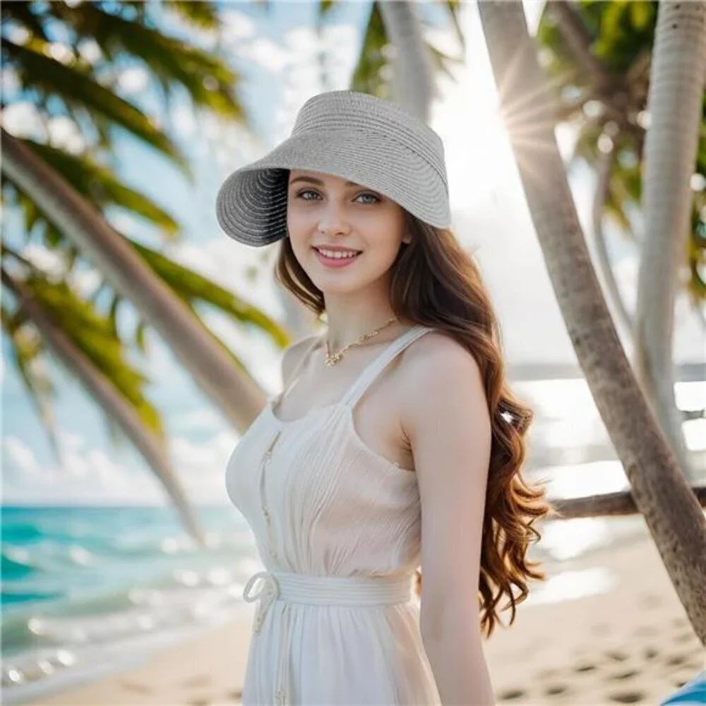 Gray Wide Brim Straw Sun Visor Hat – Packable Straw Visor with Adjustable Fit